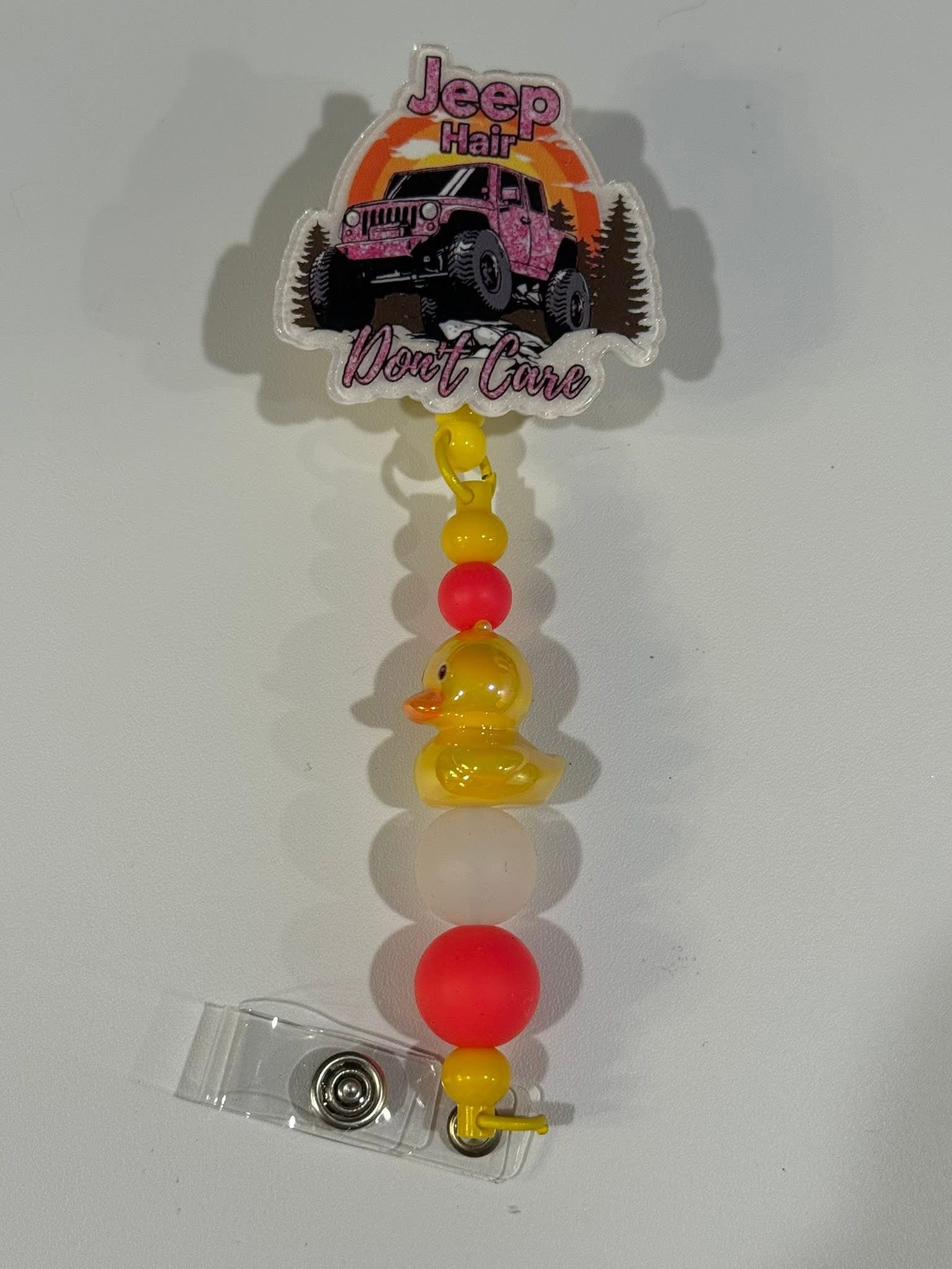 Beaded Interchangeable Badge Reel – “Jeep Hair Don’t Care”