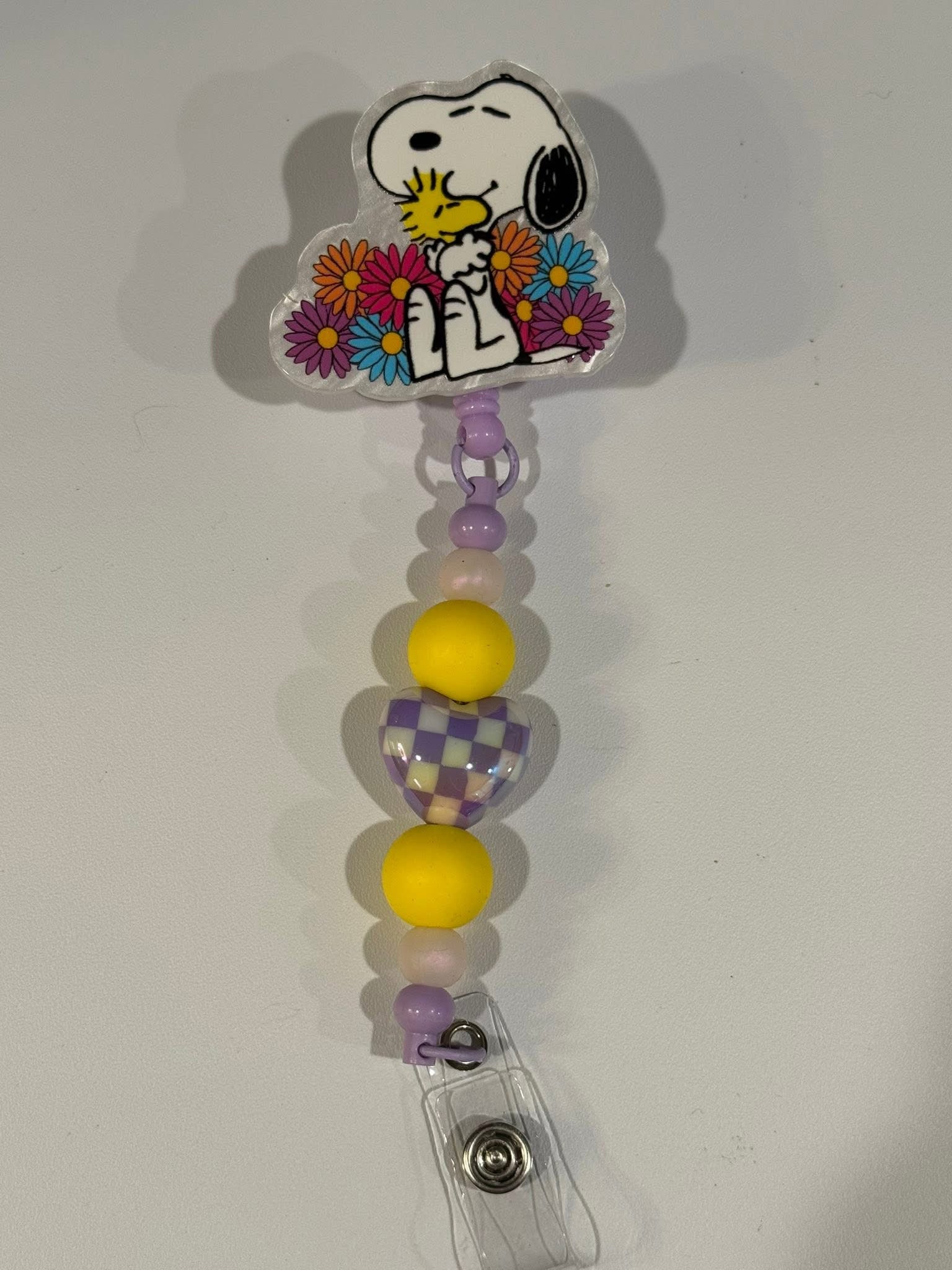 Beaded Interchangeable Badge Reel – “Snoopy Flowers”