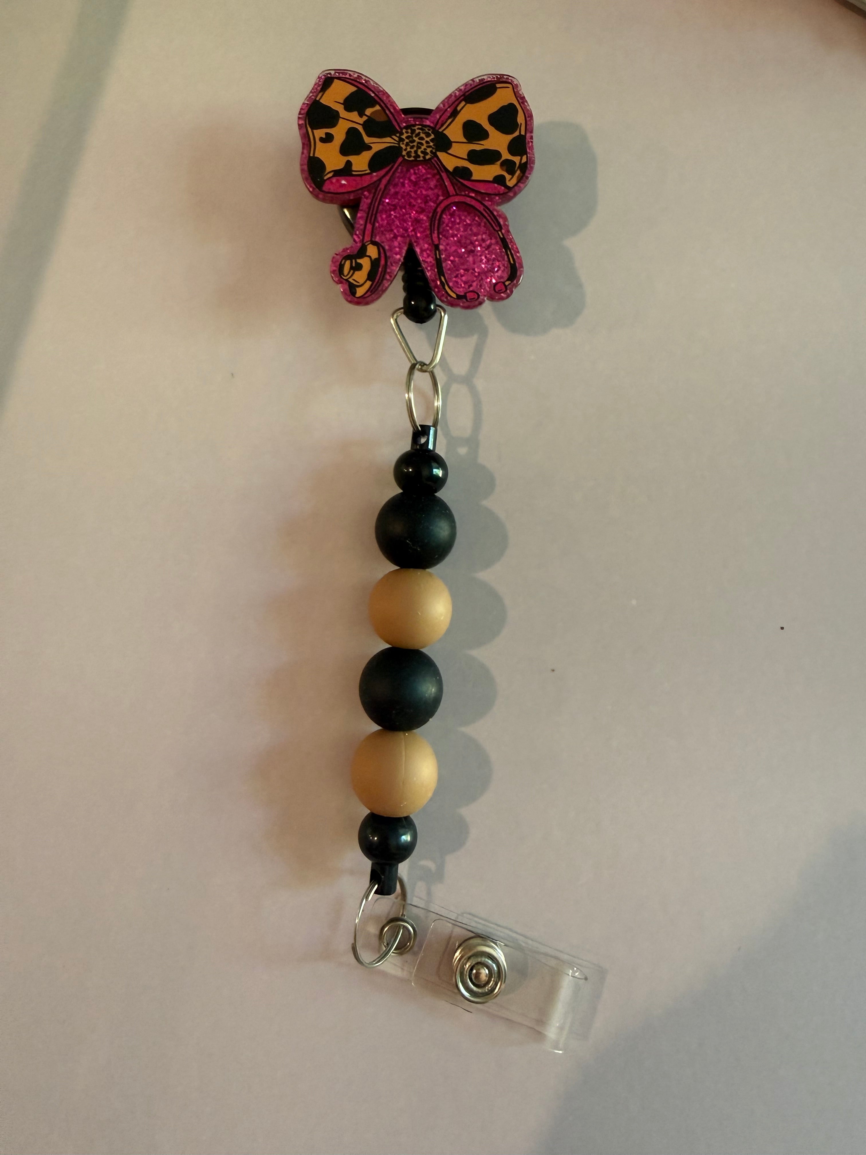 Permanent Beaded Badge Reel “leopard print stethoscope”￼￼