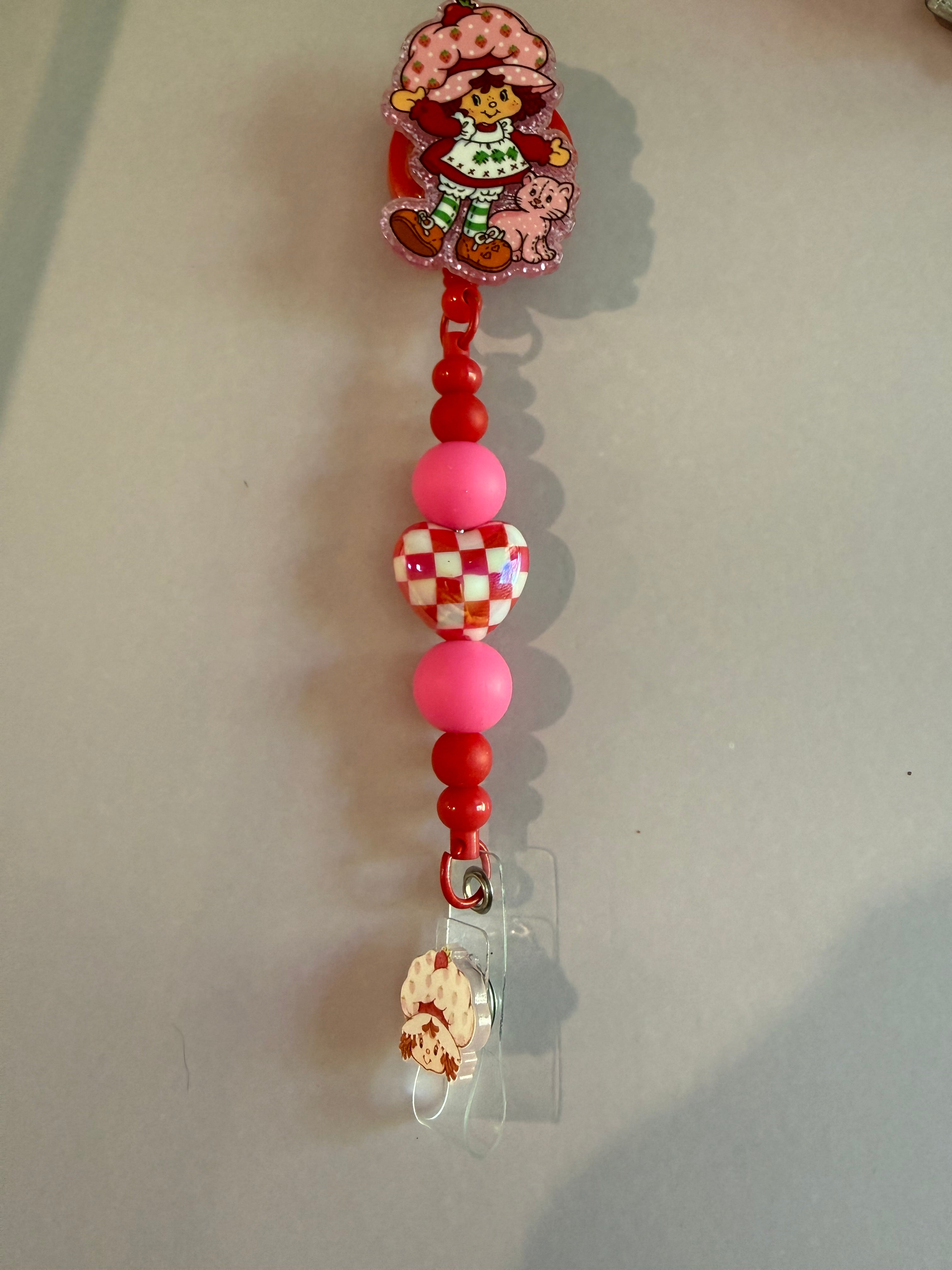 Permanent Beaded Badge Reel “Strawberry Shortcake”