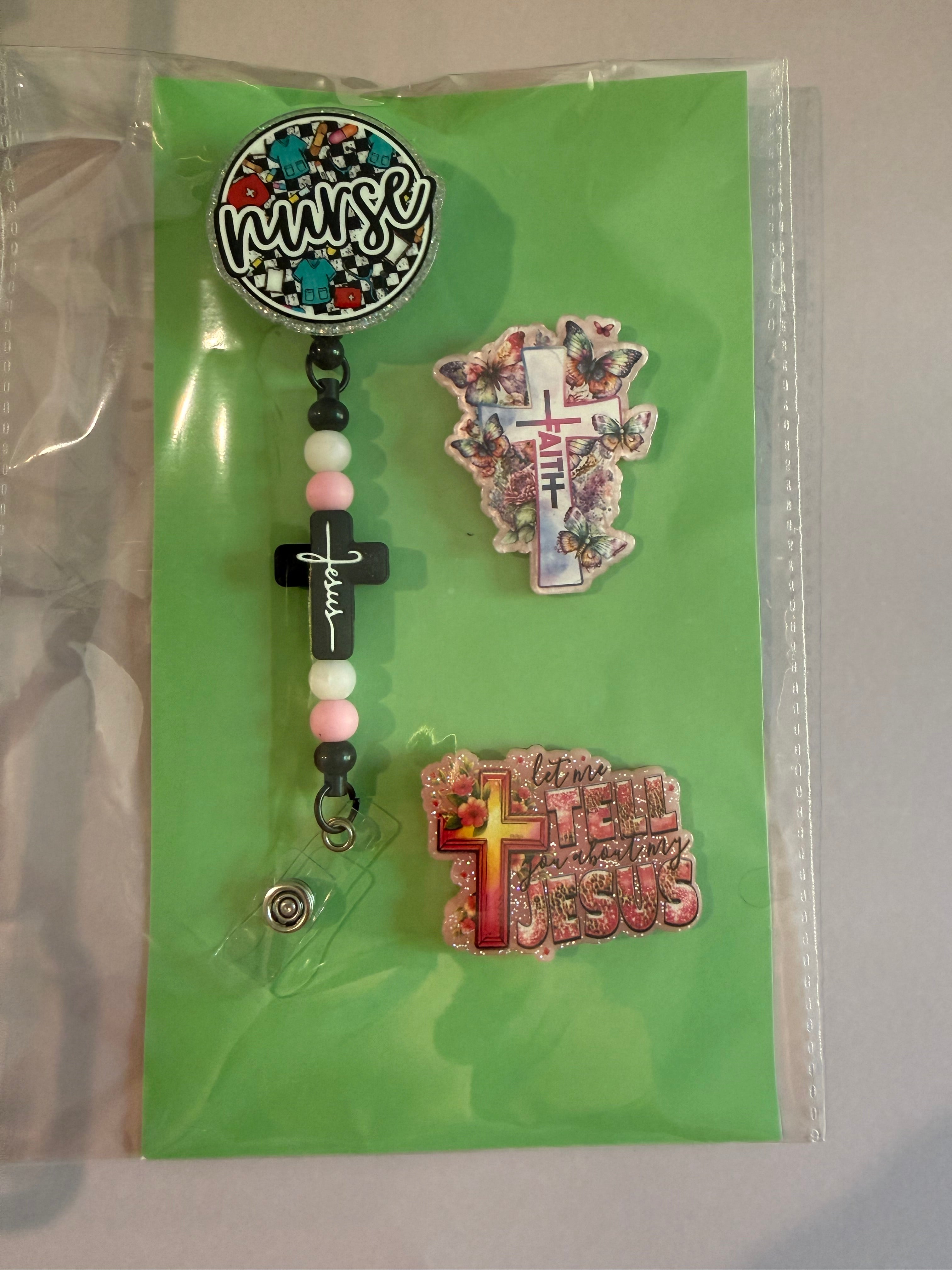 Beaded Interchangeable Badge Reel Set – “Nurse & Faith”
