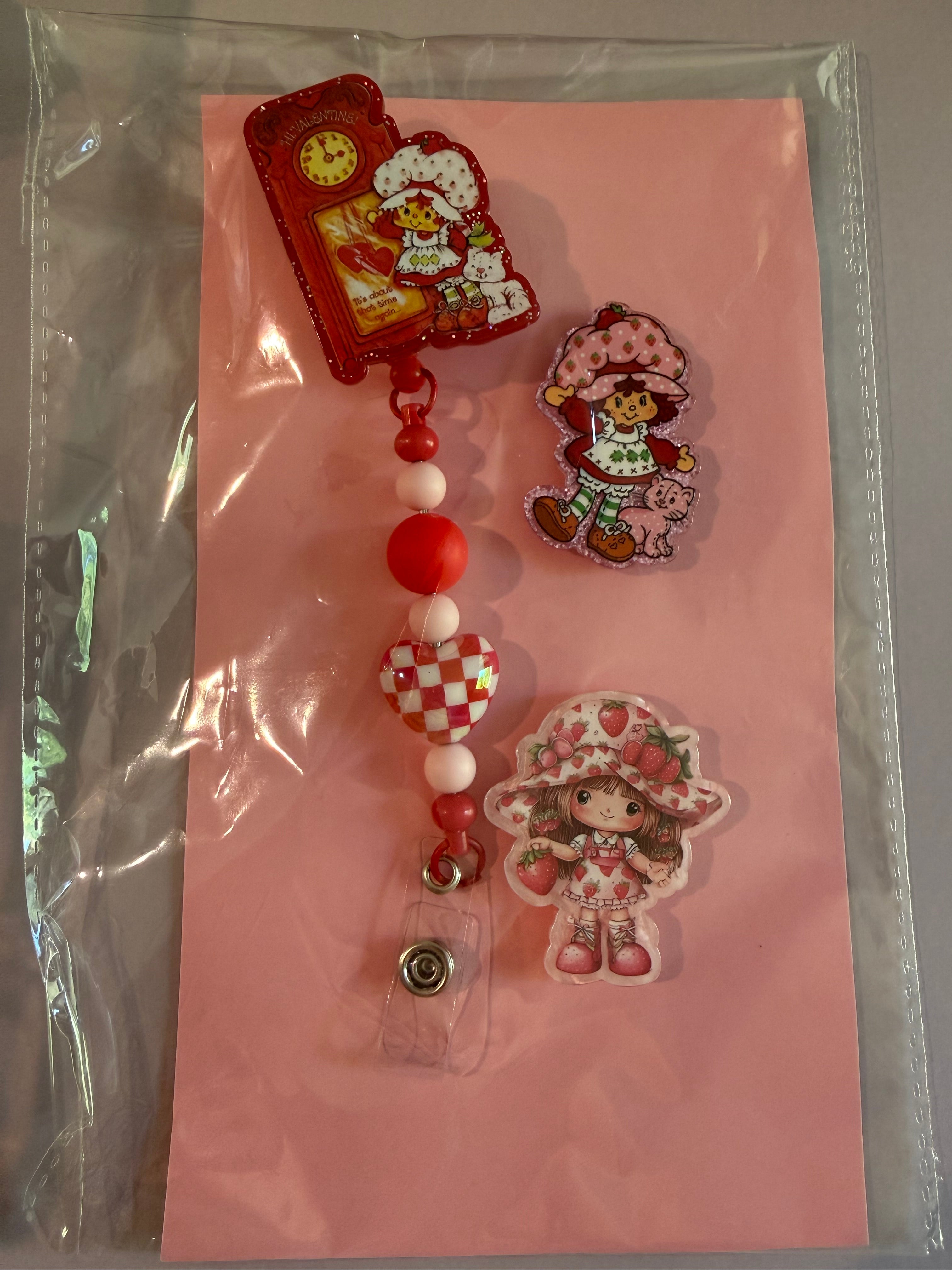 Beaded Interchangeable Badge Reel Set – “Strawberry Shortcake”