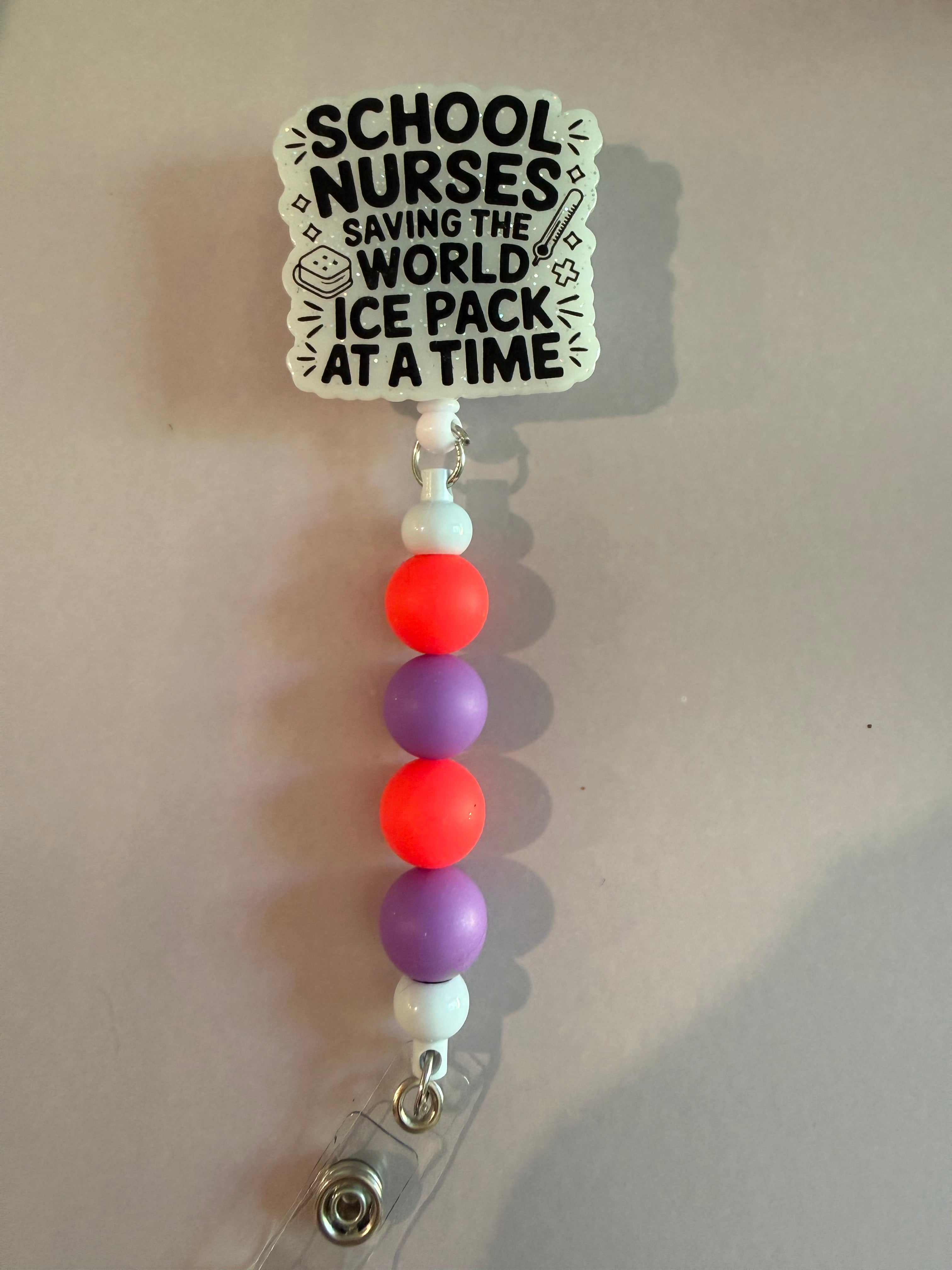 Permanent Beaded Badge Reel “School Nurse”