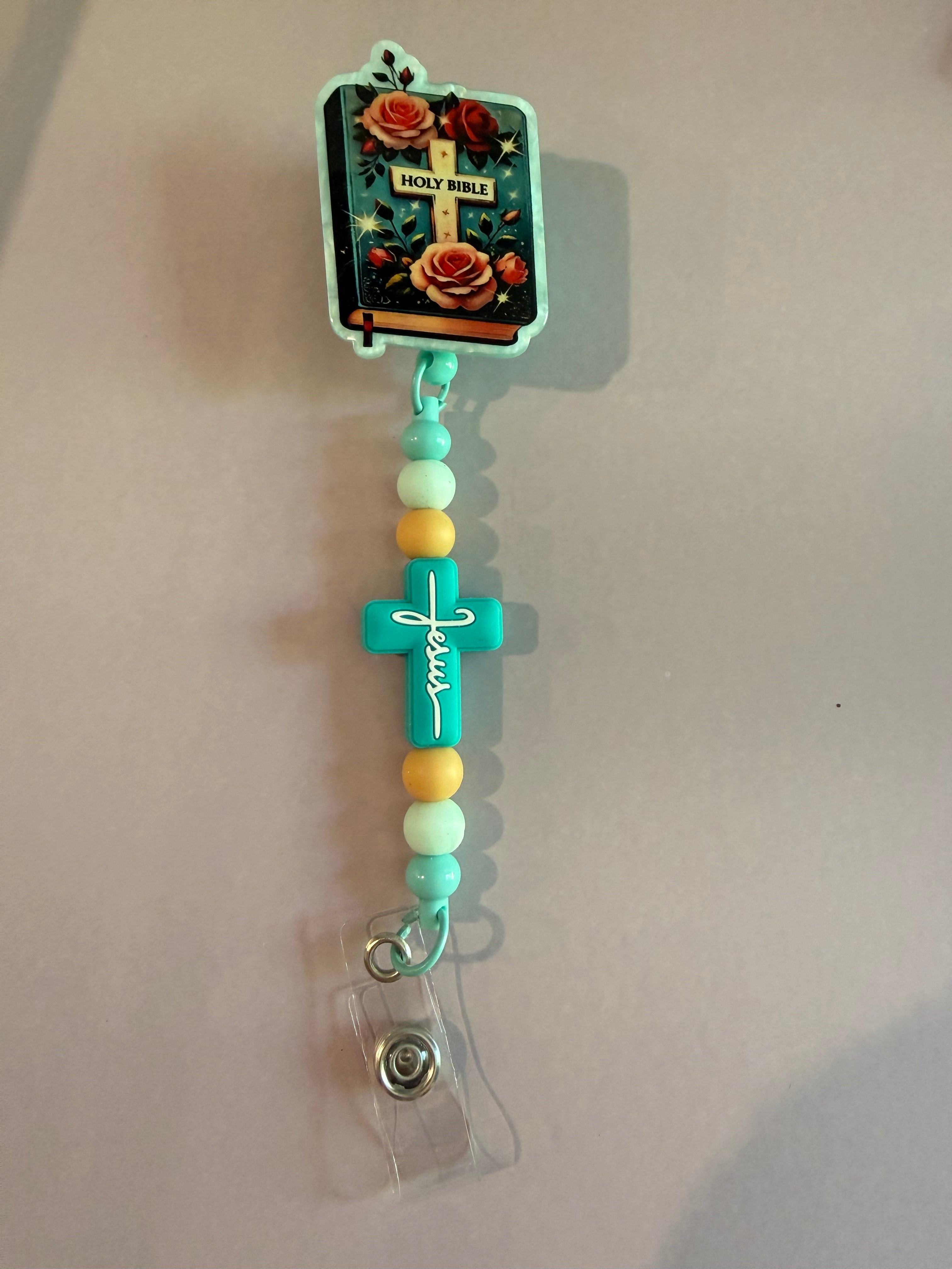 Beaded Interchangeable Badge Reel – “Holy Bible”
